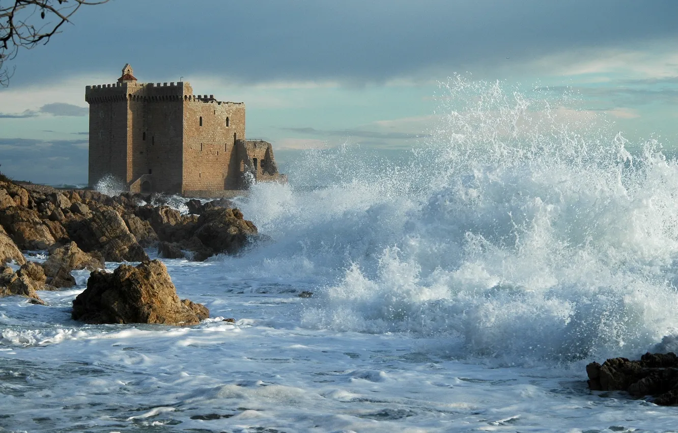 Photo wallpaper sea, wave, the sky, water, clouds, nature, castle, rocks