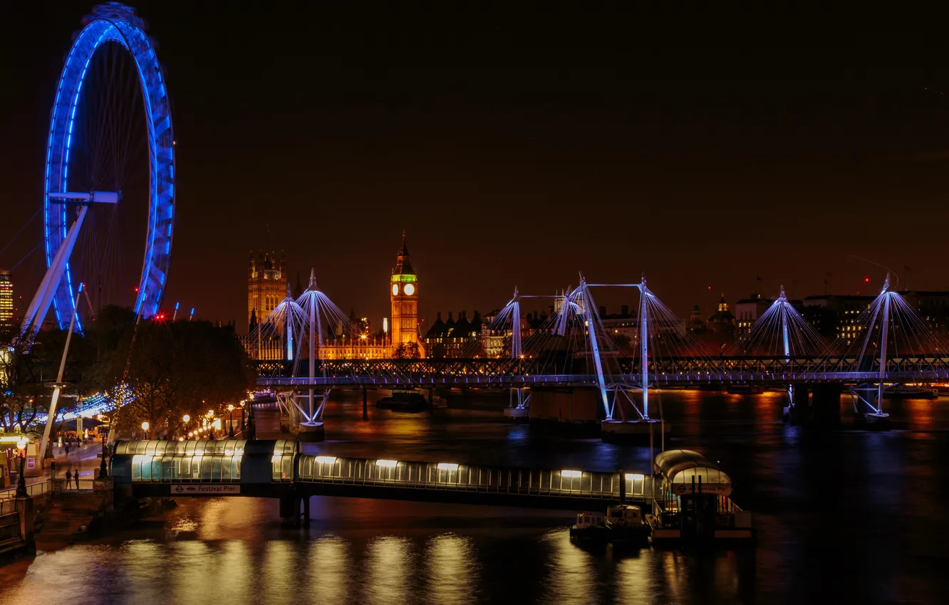 Photo wallpaper night, bridge, lights, Park, river, London, lights, UK