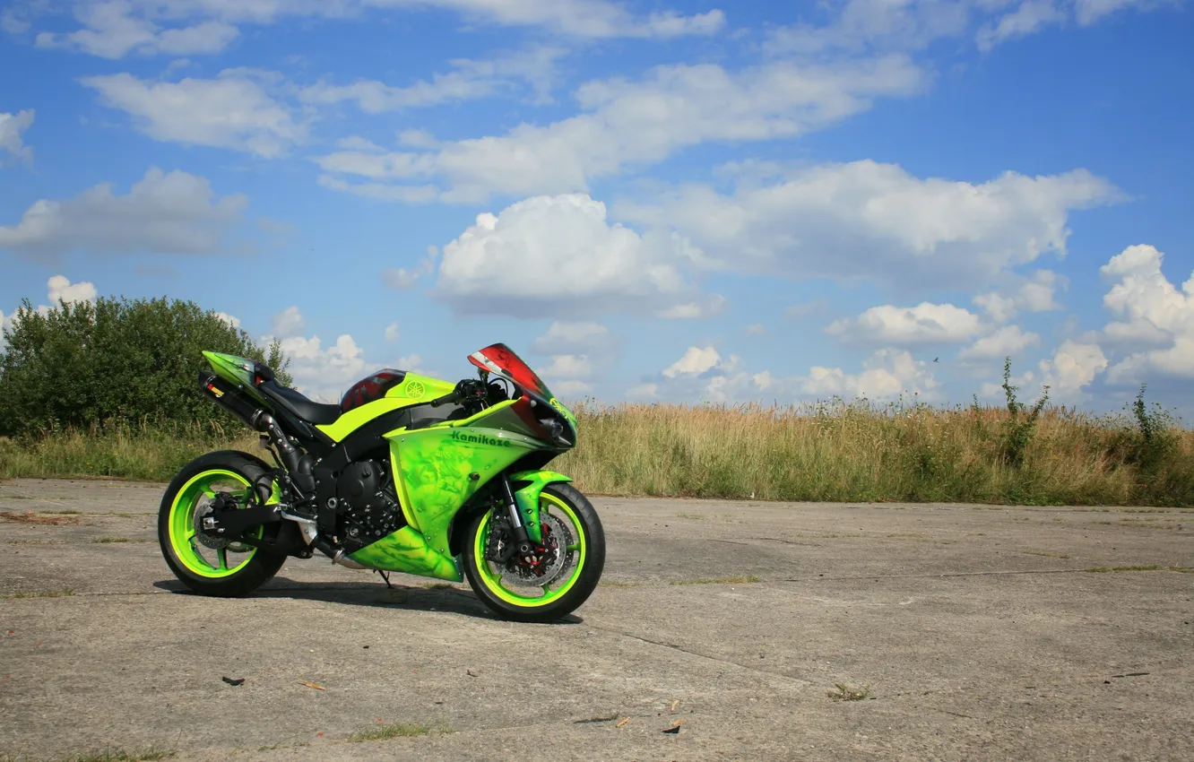 Photo wallpaper the sky, clouds, green, shadow, motorcycle, Yamaha, bike, Yamaha