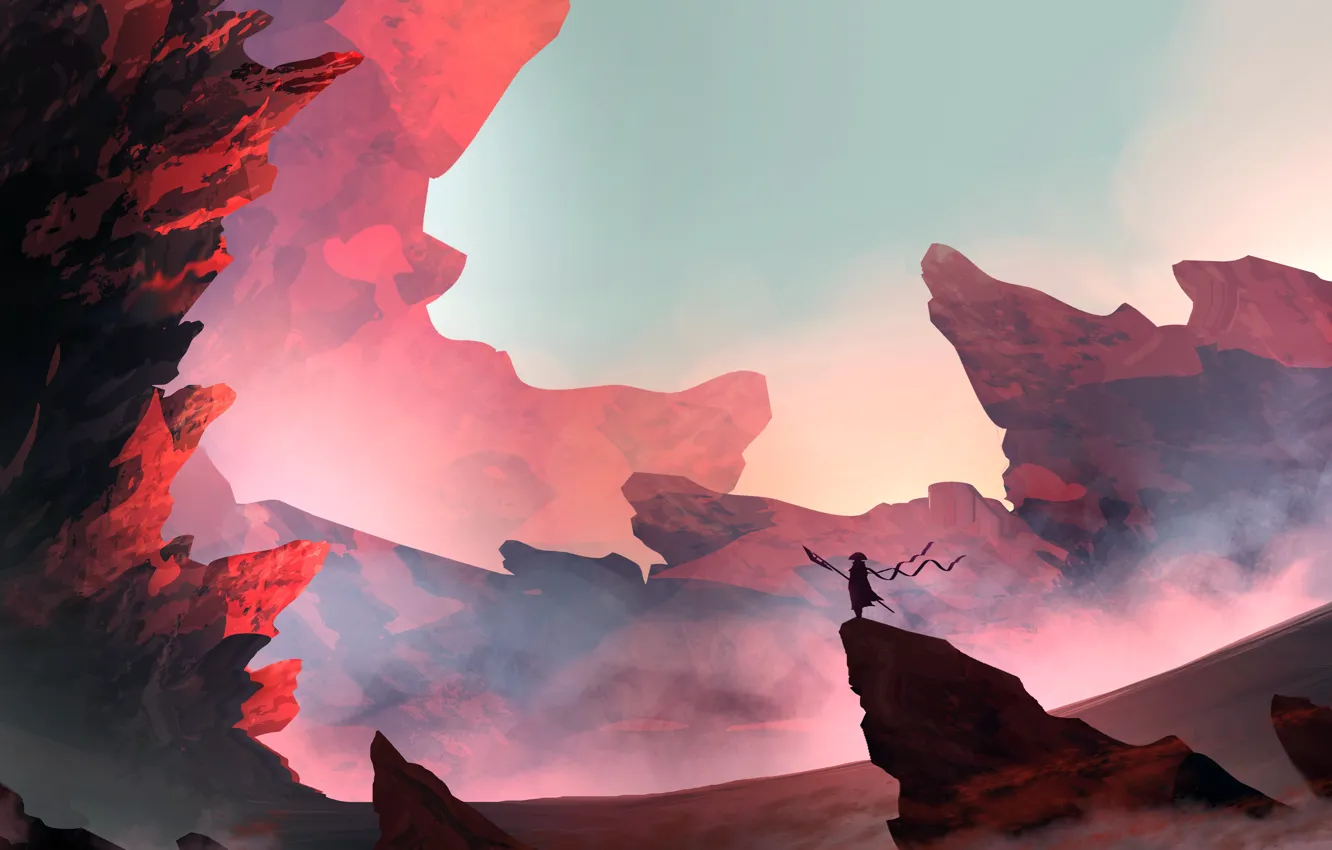 Photo wallpaper landscape, mountains, rocks, figure, silhouette, art, landscapes, digital art