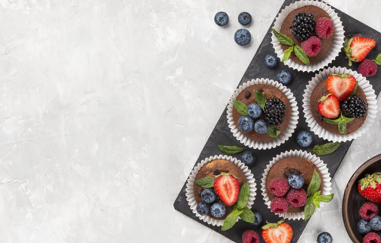 Photo wallpaper berries, raspberry, blueberries, strawberry, cake, light background, mint, different