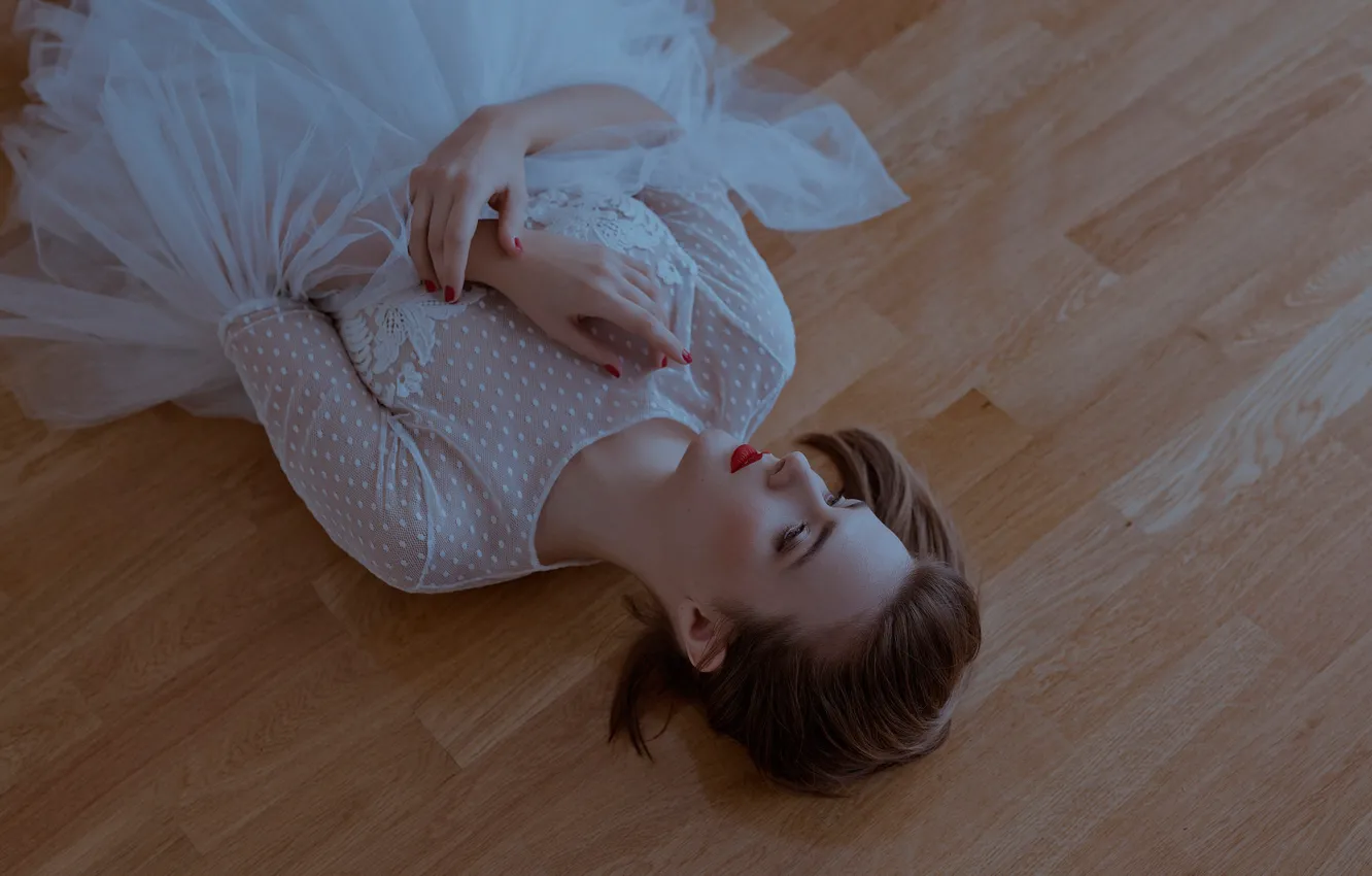 Photo wallpaper girl, mood, hands, dress, on the floor