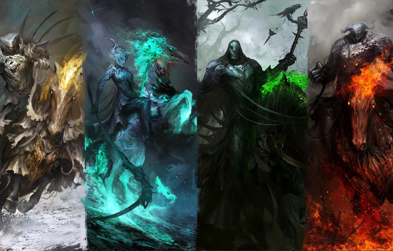 Photo wallpaper green, dark, fire, red, sword, white, fantasy, black