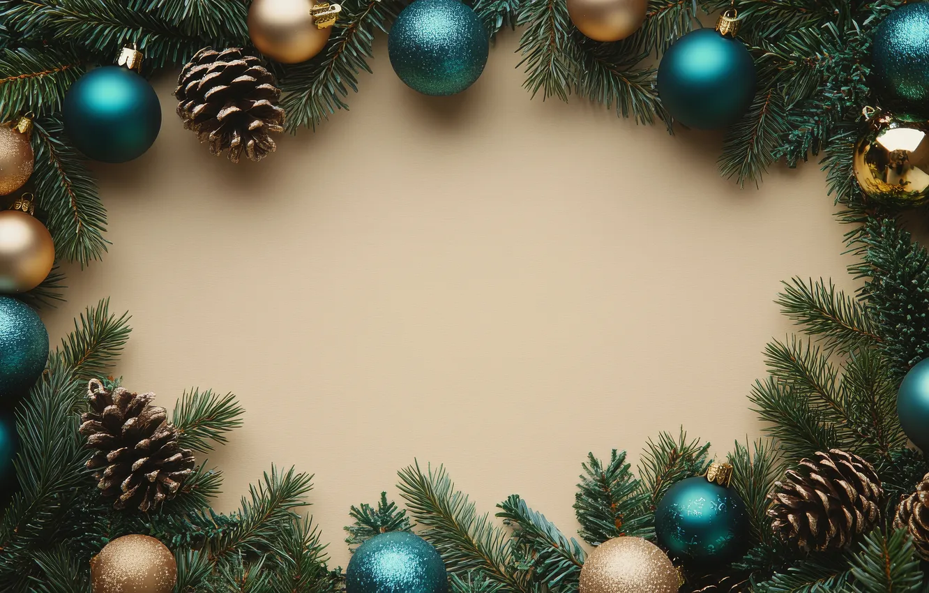 Photo wallpaper balls, branches, blue, new year, Christmas, gold, needles, bumps