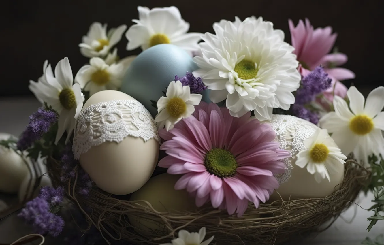 Photo wallpaper flowers, table, holiday, eggs, bouquet, spring, Easter, a bunch