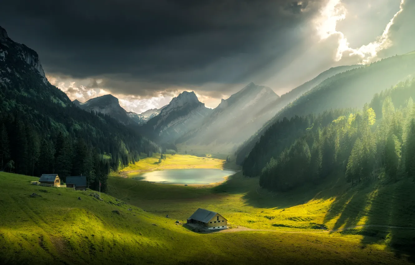 Photo wallpaper the sky, clouds, rays, light, landscape, mountains, nature, lake