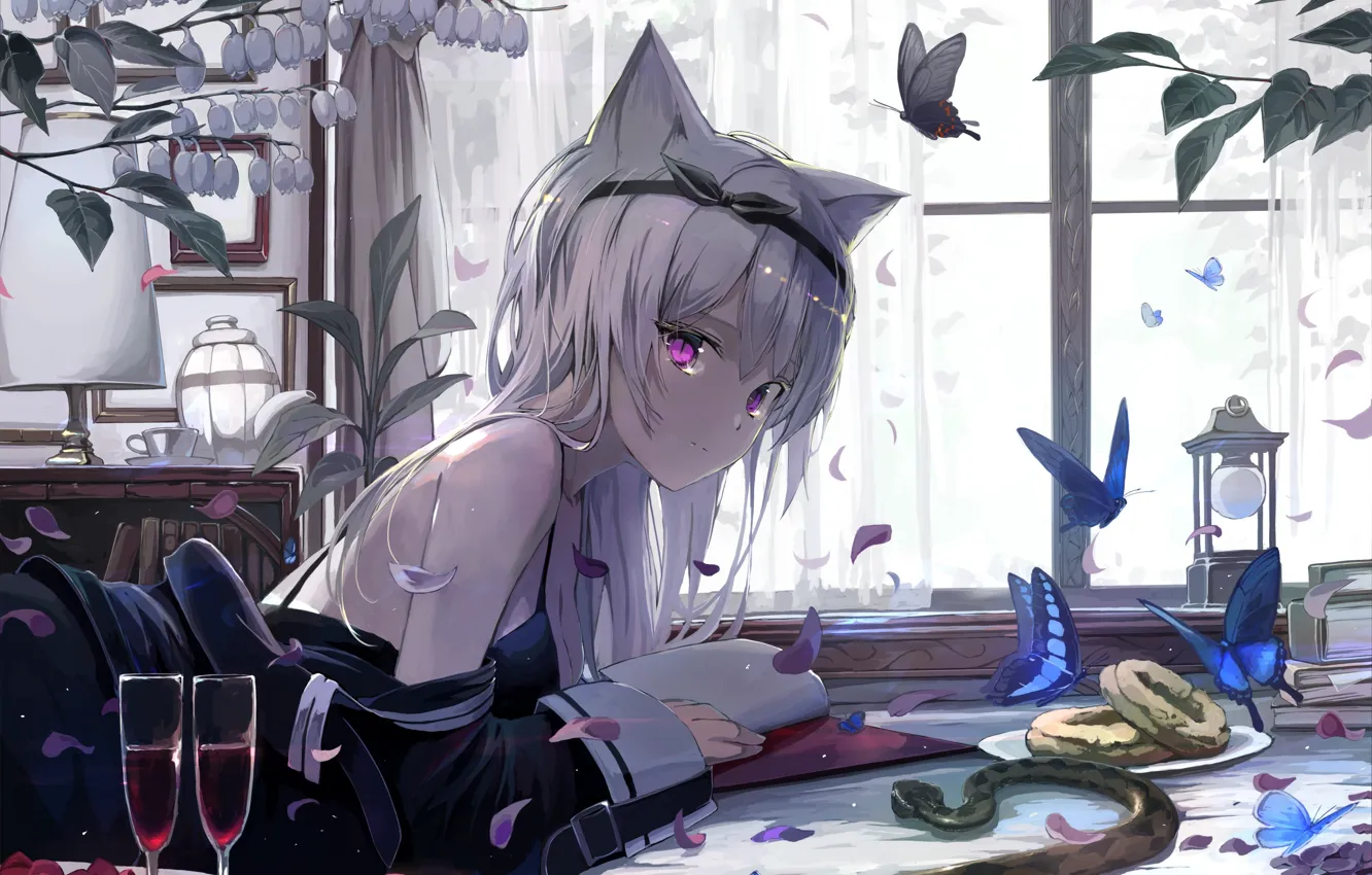 Photo wallpaper girl, flowers, room, ears, mikisai