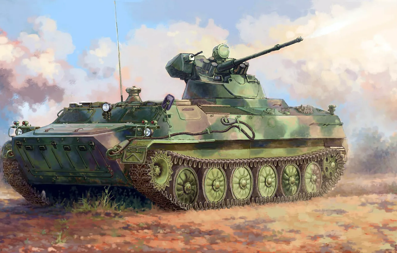 Photo wallpaper 30 mm, 2A72, Soviet amphibious armored personnel carrier, multipurpose Transporter (tractor), MT-LBM 6MB, light armored