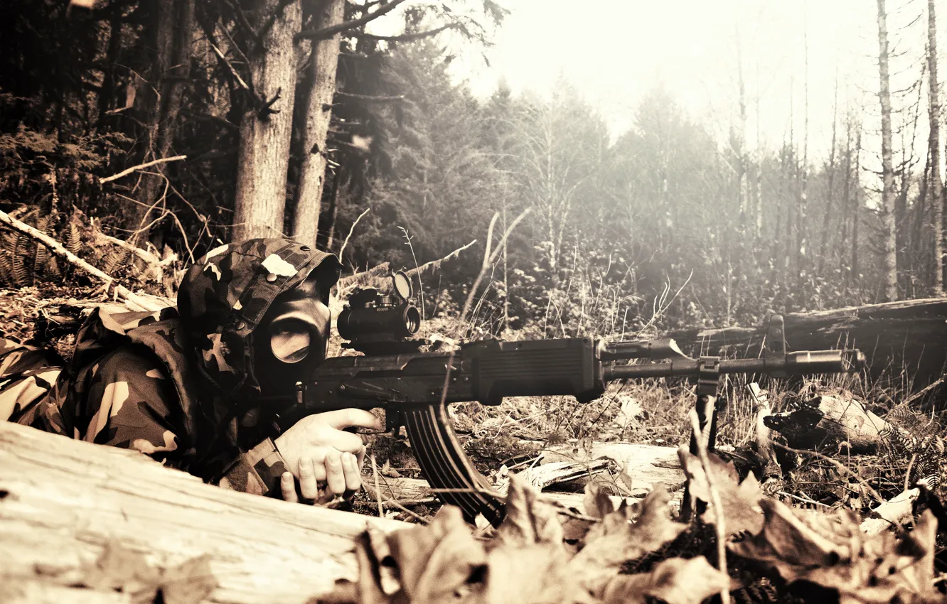 Photo wallpaper forest, trees, nature, weapons, machine, gas mask, male, camouflage