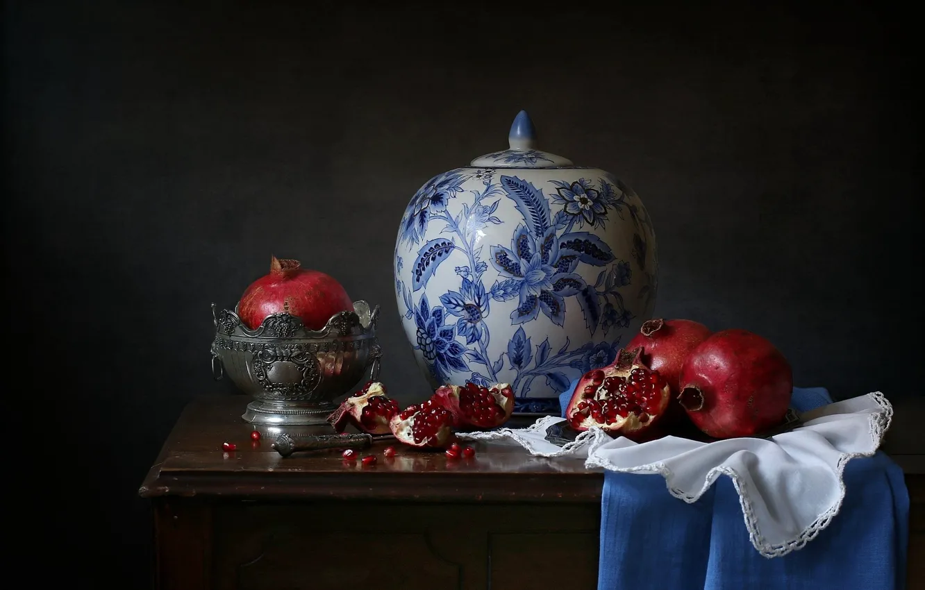 Photo wallpaper table, towel, knife, dishes, vase, fruit, still life, napkin