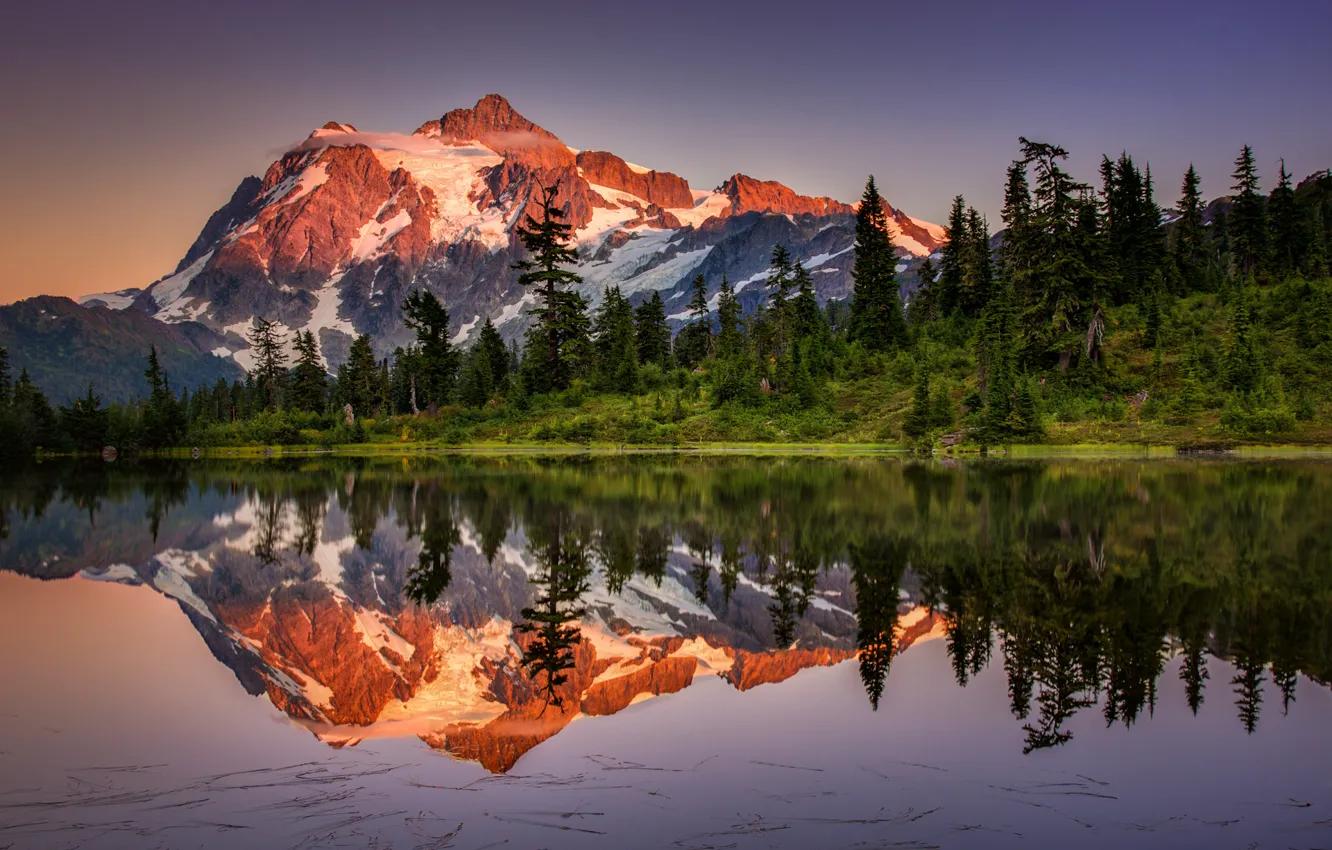 Photo wallpaper forest, the sky, mountains, lake, reflection, mountain