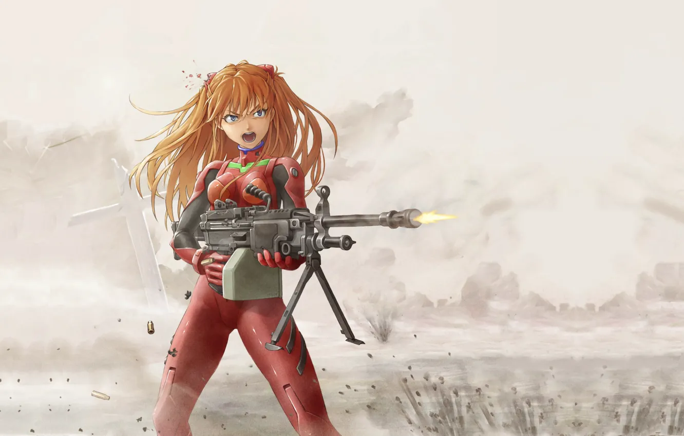 Photo wallpaper gun, Neon Genesis Evangelion, weapon, anime, suit, manga, japanese, machine gun