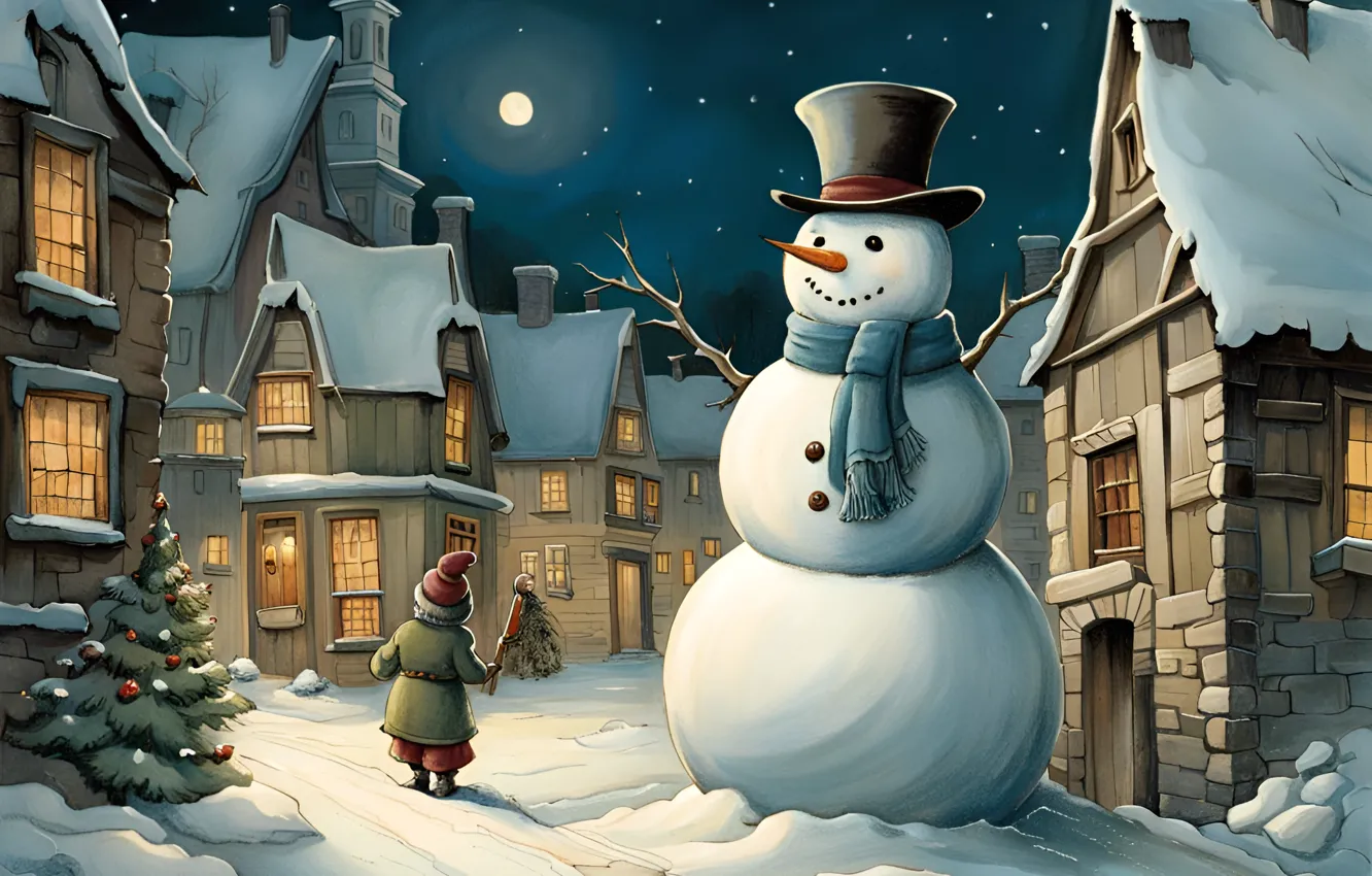 Photo wallpaper winter, roof, the sky, stars, light, snow, night, branches