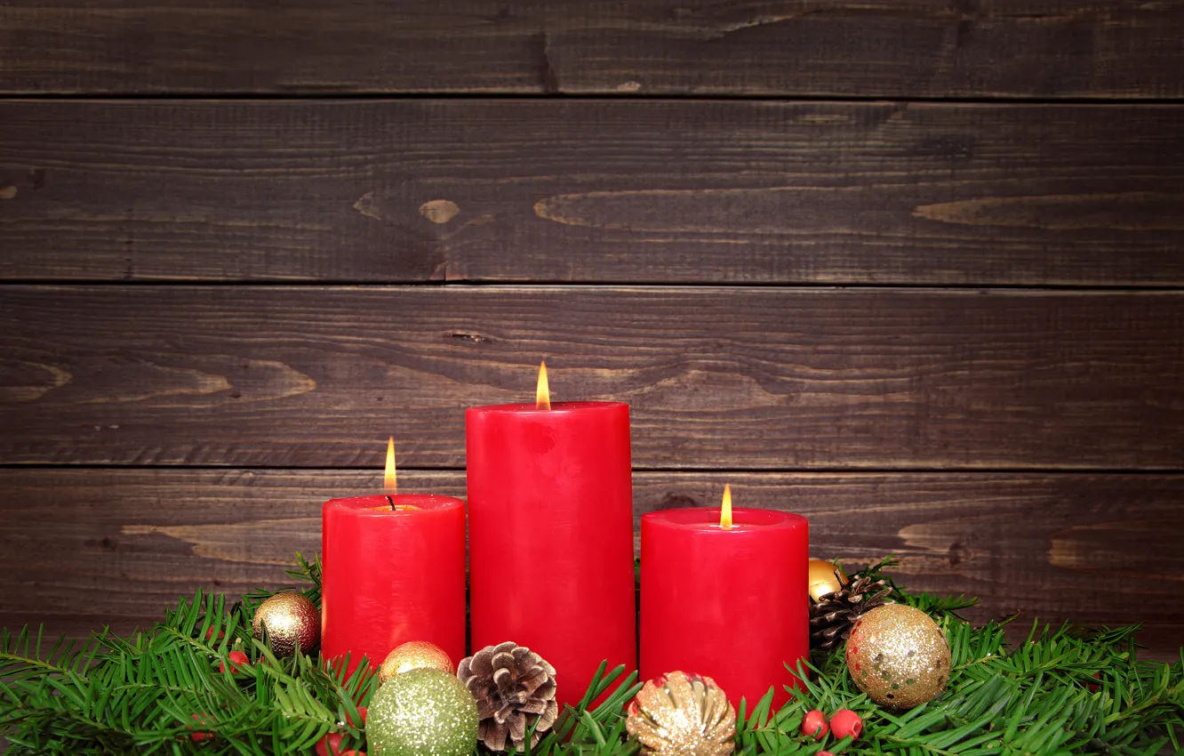 Photo wallpaper balls, candles, new year, spruce, bumps