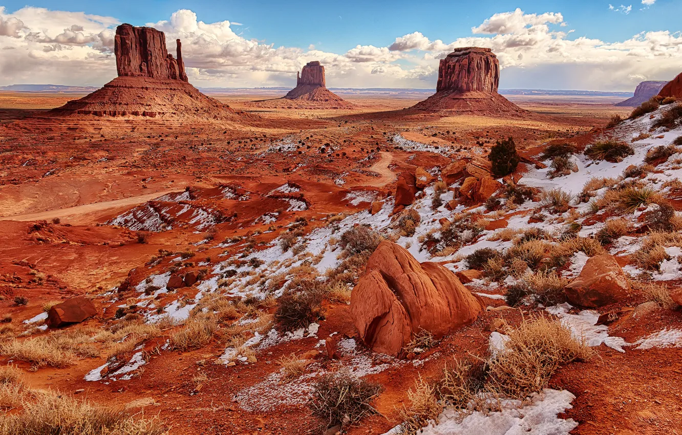 Photo wallpaper the sky, clouds, snow, rocks, desert, AZ, USA, Monument Valley