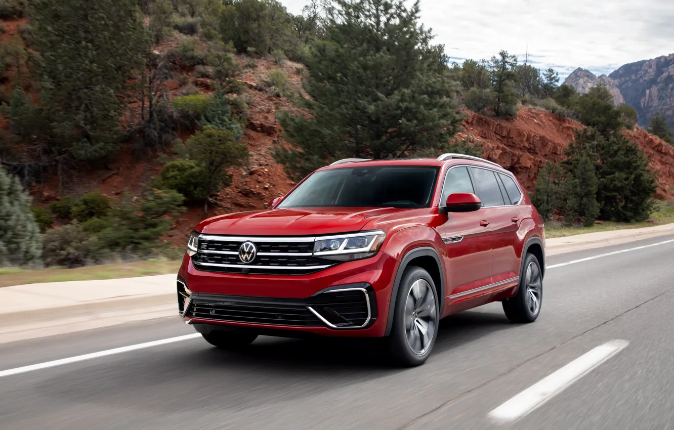 Photo wallpaper red, Volkswagen, SUV, on the road, Atlas, 2020