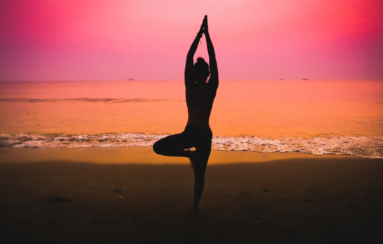 Photo wallpaper sand, sea, beach, summer, girl, sunset, pose, silhouette