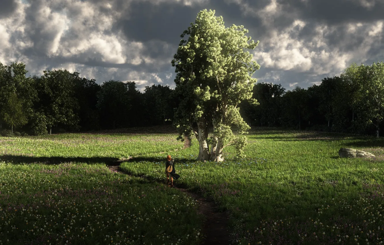 Photo wallpaper forest, grass, girl, trees, flowers, clouds, nature, art