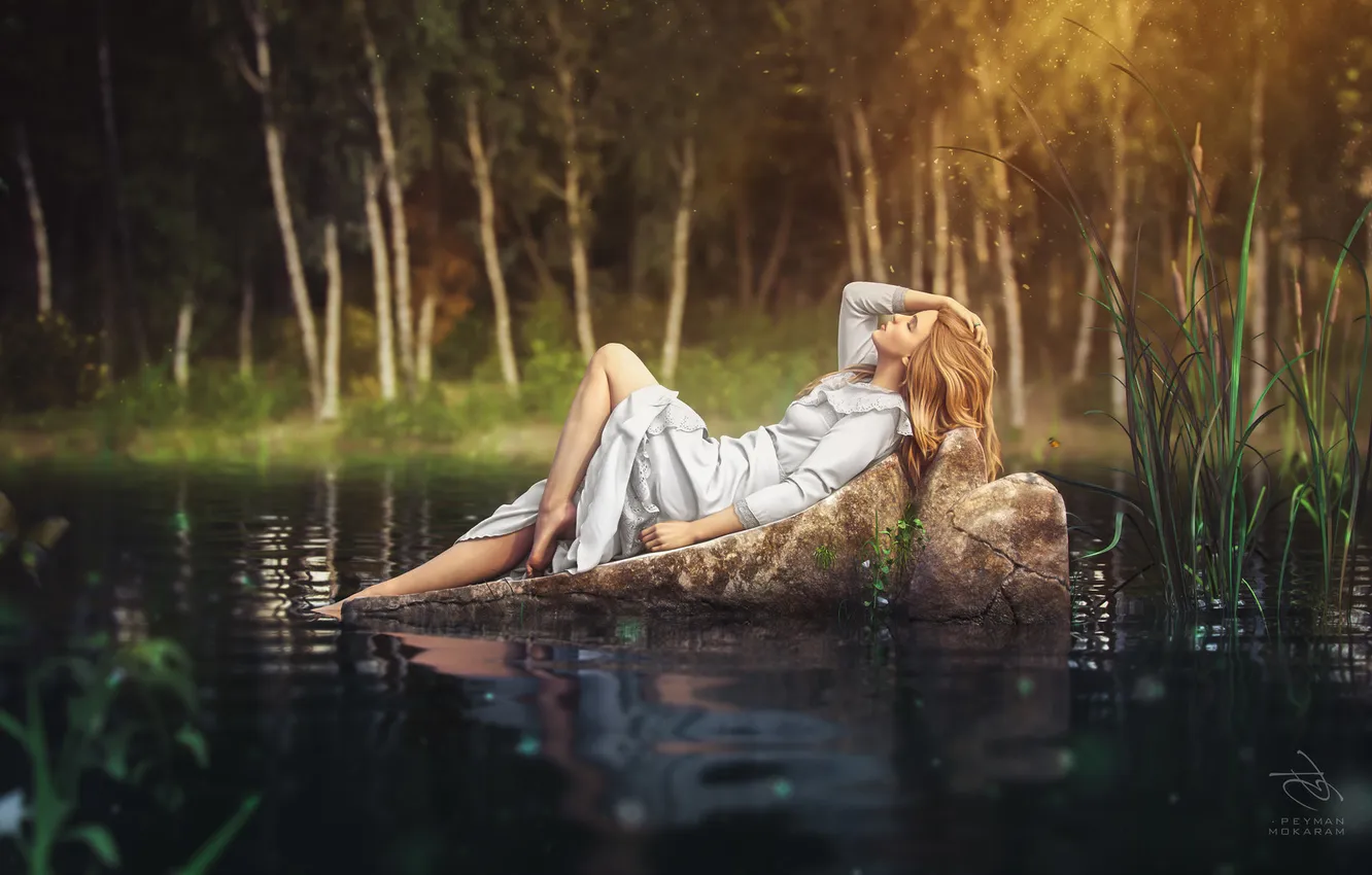 Photo wallpaper water, girl, nature, pose, art, blonde, lies, profile