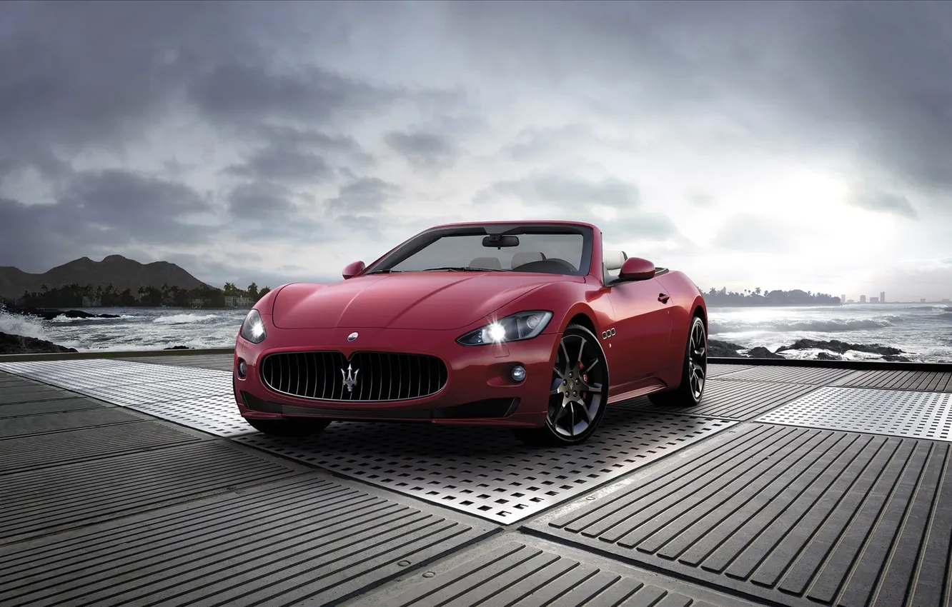 Photo wallpaper sea, wave, red, the city, the ocean, Maserati, cars, Playground