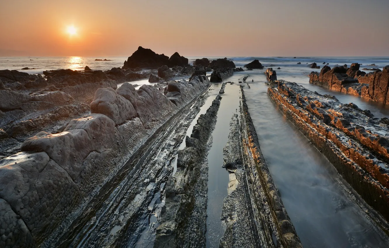 Photo wallpaper sea, landscape, sunset, rocks
