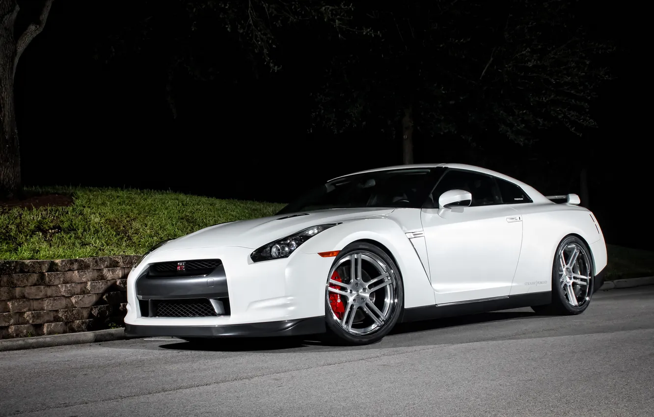 Photo wallpaper car, auto, white, night, Nissan, Nissan GT-R