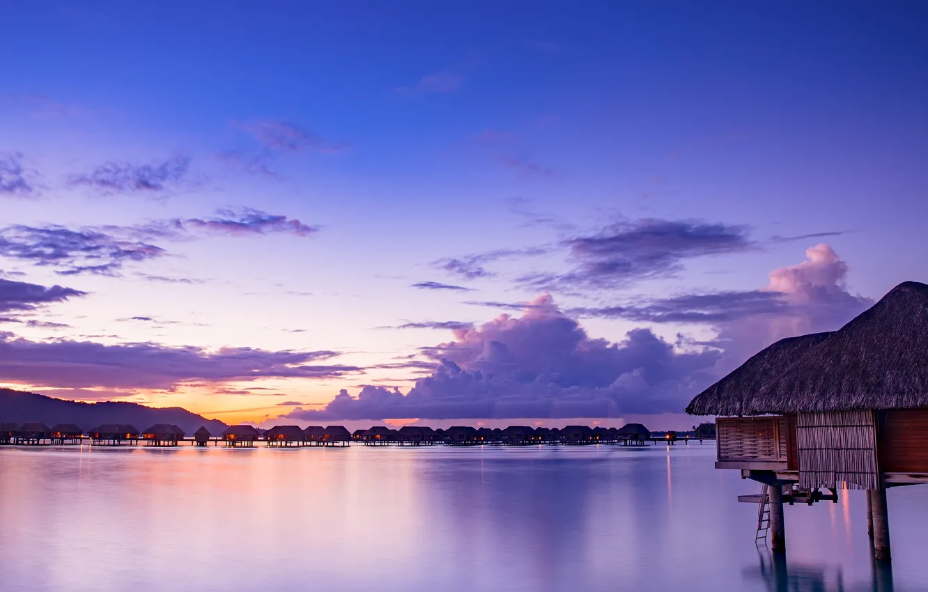 Photo wallpaper sea, the sky, clouds, sunset, lights, tropics, shore, island