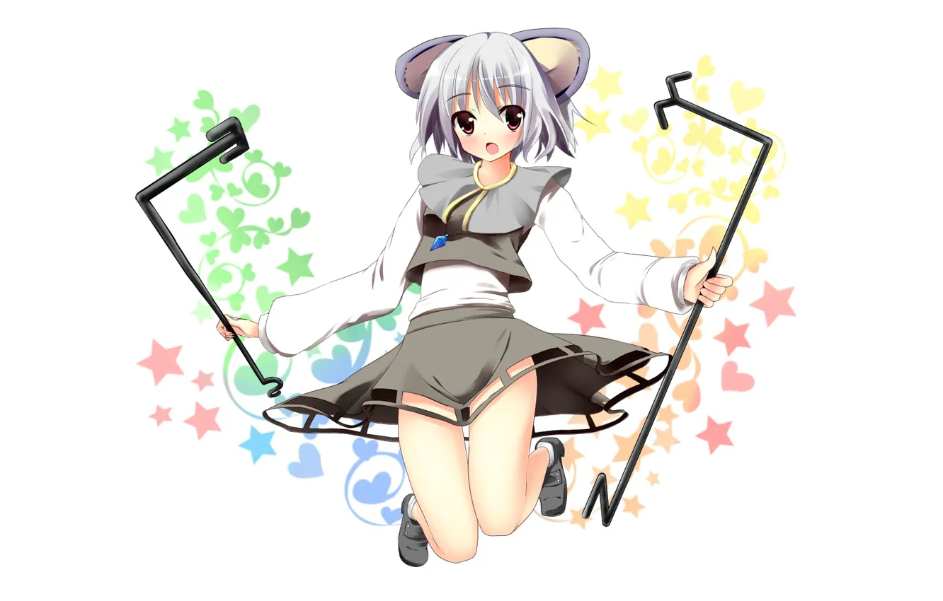 Photo wallpaper mouse, hearts, white background, stars, ears, grey hair, nazrin, glands
