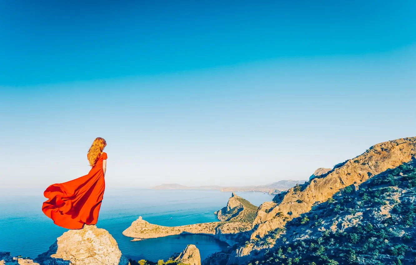 Photo wallpaper SEA, MOUNTAINS, DRESS, ROCKS, RED, by Oleg Gekman