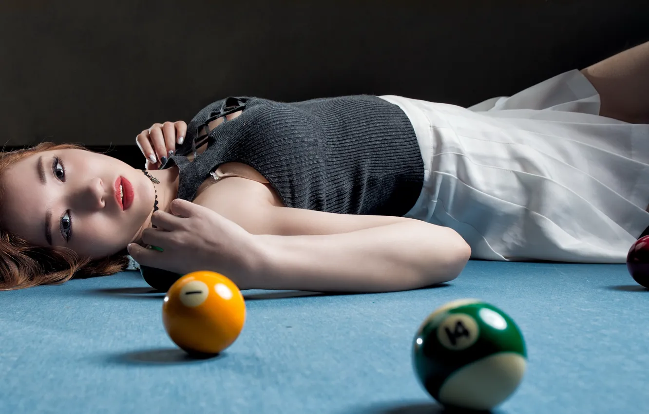 Photo wallpaper girl, table, balls