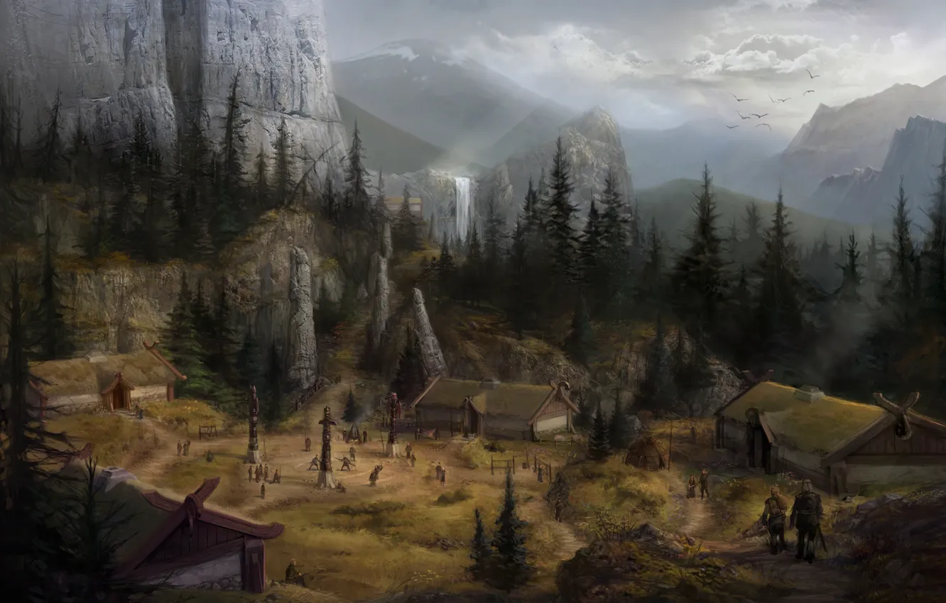 Photo wallpaper landscape, mountains, fantasy, waterfall, home, village, Dragon Age, Concept Art