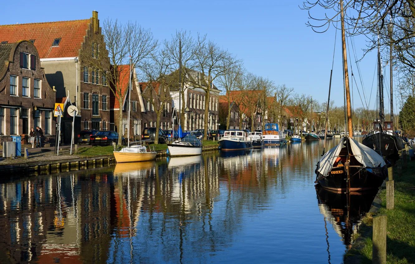 Photo wallpaper the sky, the sun, trees, home, boats, channel, Netherlands, boats