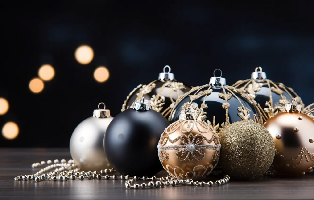 Photo wallpaper background, balls, New Year, Christmas, golden, new year, happy, black