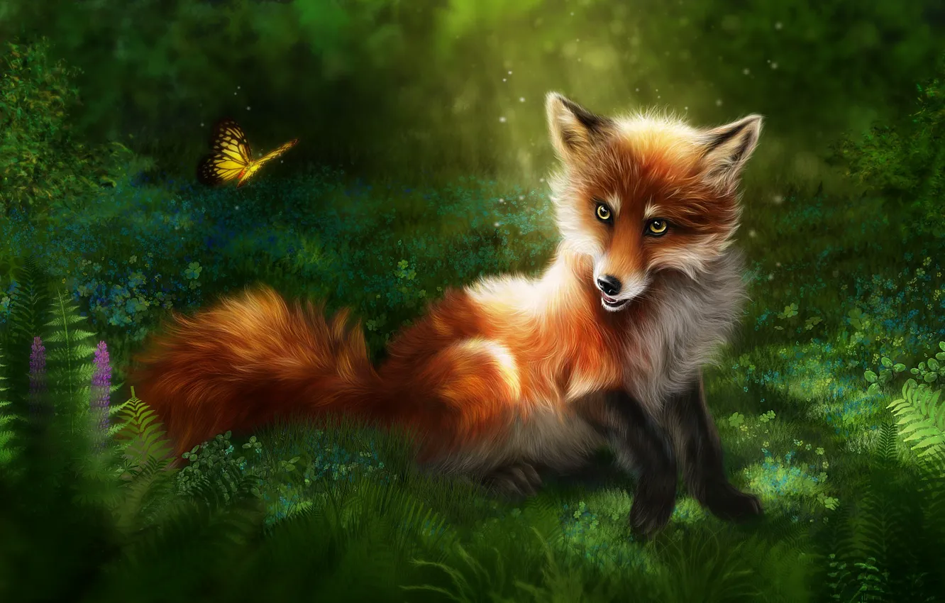 Photo wallpaper grass, nature, rendering, butterfly, Fox, red, Fox