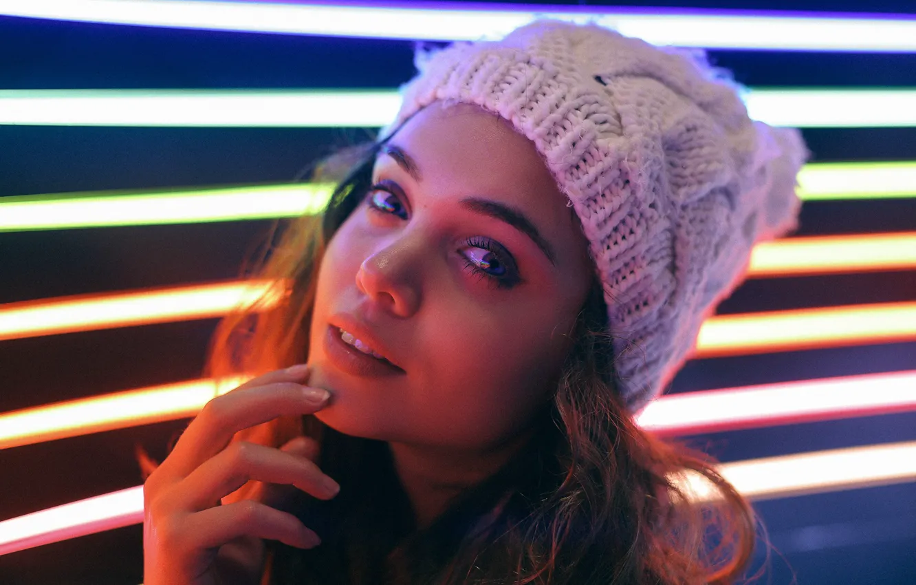 Photo wallpaper lights, girl, brown hair, photo, model, Neon, bokeh, lips