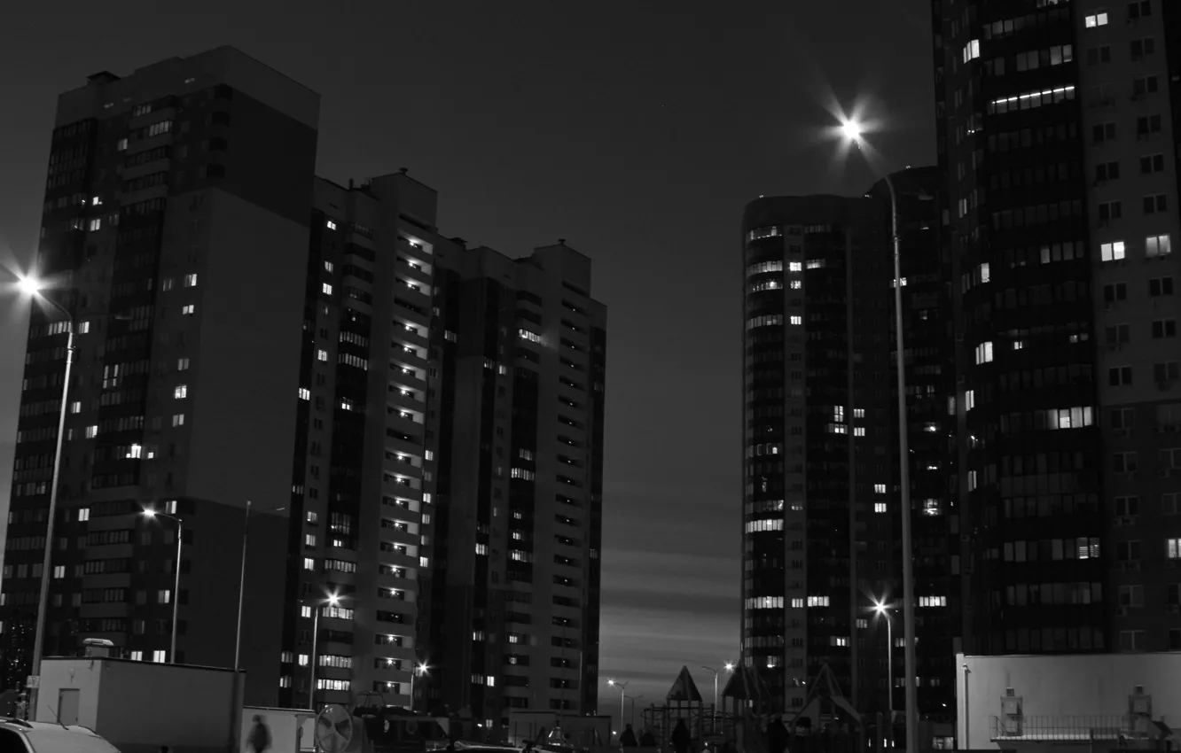 Photo wallpaper the sky, the city, building, home, black and white, the evening, lights, Russia