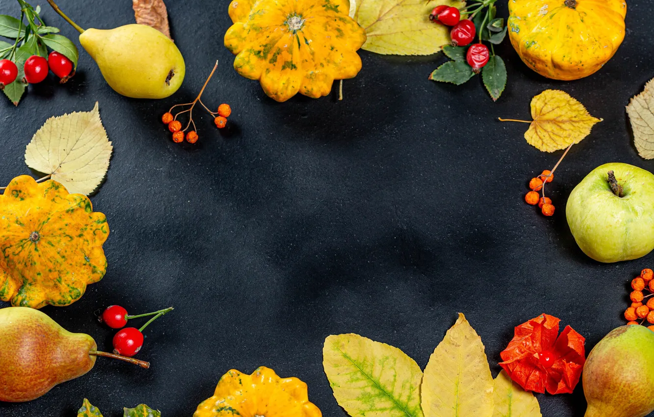 Photo wallpaper autumn, leaves, briar, pumpkin, pear, Rowan