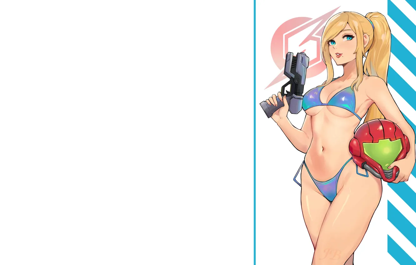Photo wallpaper cleavage, blue eyes, ponytail, belly, girls with guns, Samus Aran, thighs, Big boobs