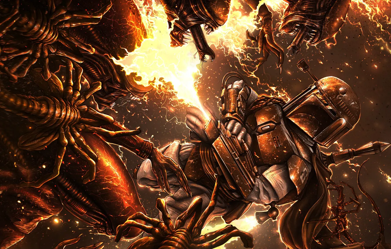 Photo wallpaper lights, figure, Star Wars, Stranger, star wars, aliens, art, Boba Fett