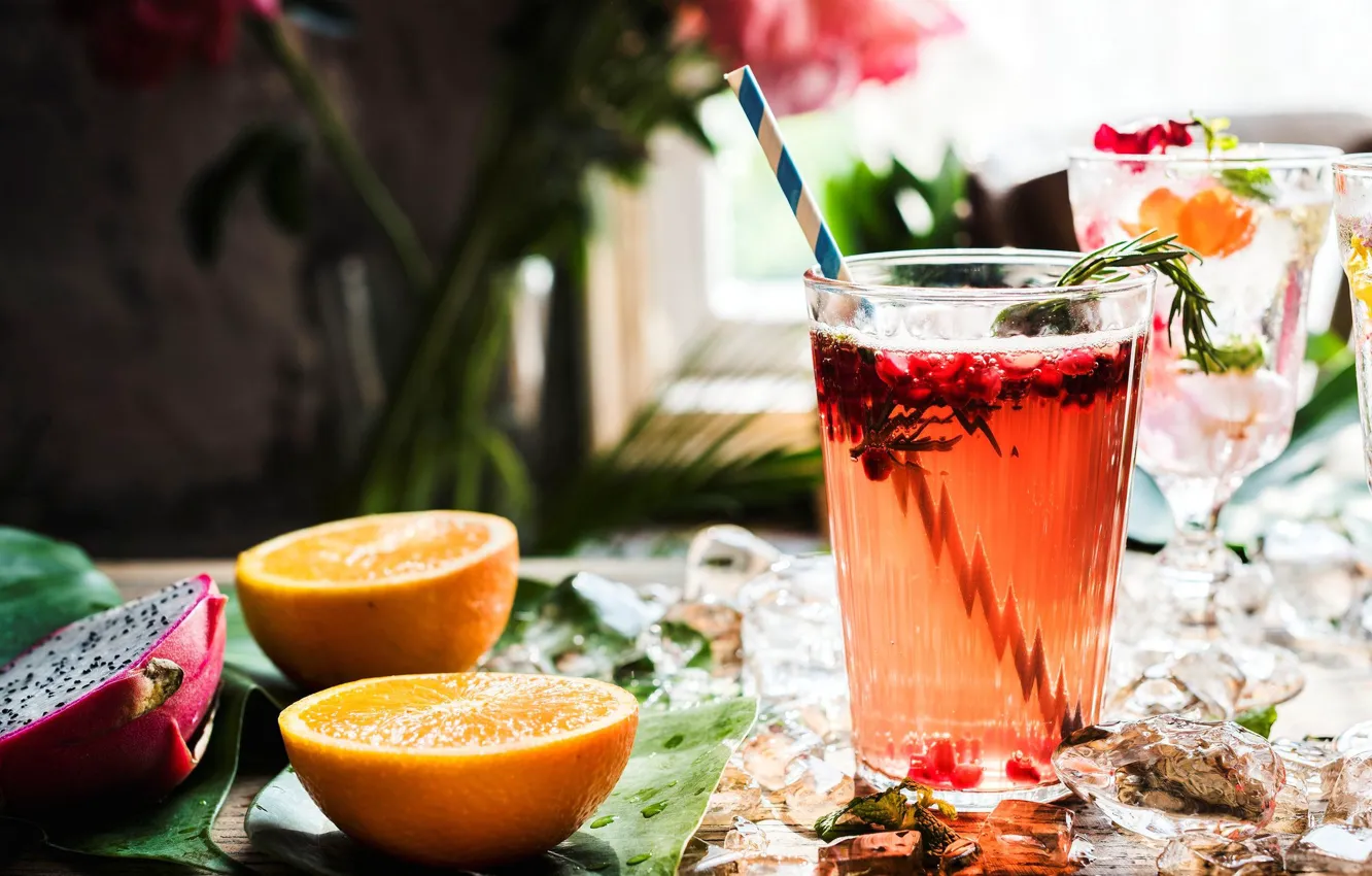 Photo wallpaper ice, glass, orange, drink, fruit dragon