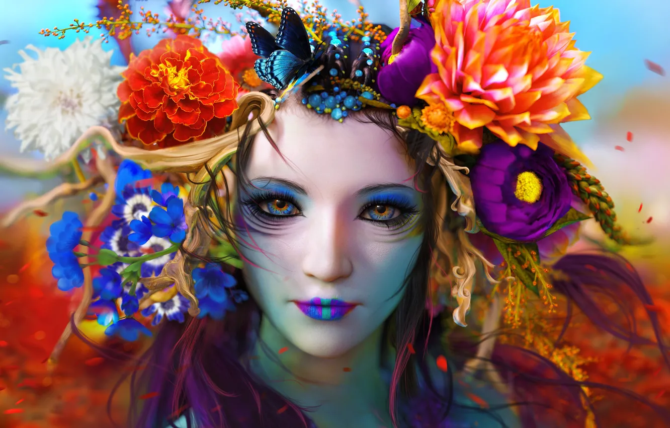 Photo wallpaper Flowers, Color, Girl, Look, Butterfly, Face, Girl, Eyes