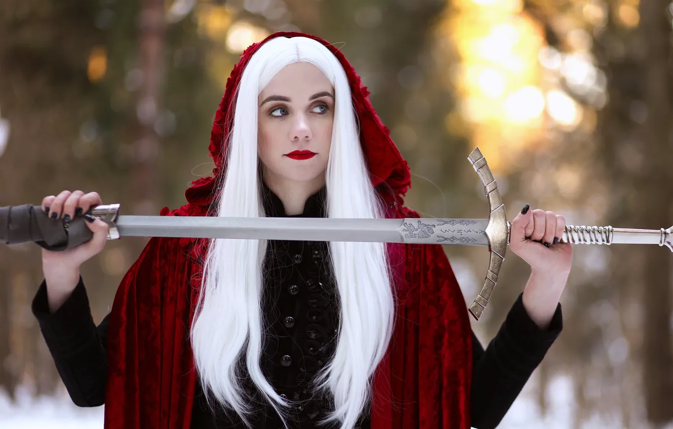 Photo wallpaper look, girl, nature, style, sword, makeup, warrior, white hair