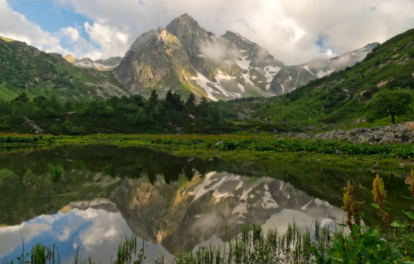 Photo wallpaper grass, clouds, trees, landscape, mountains, nature, lake, reflection