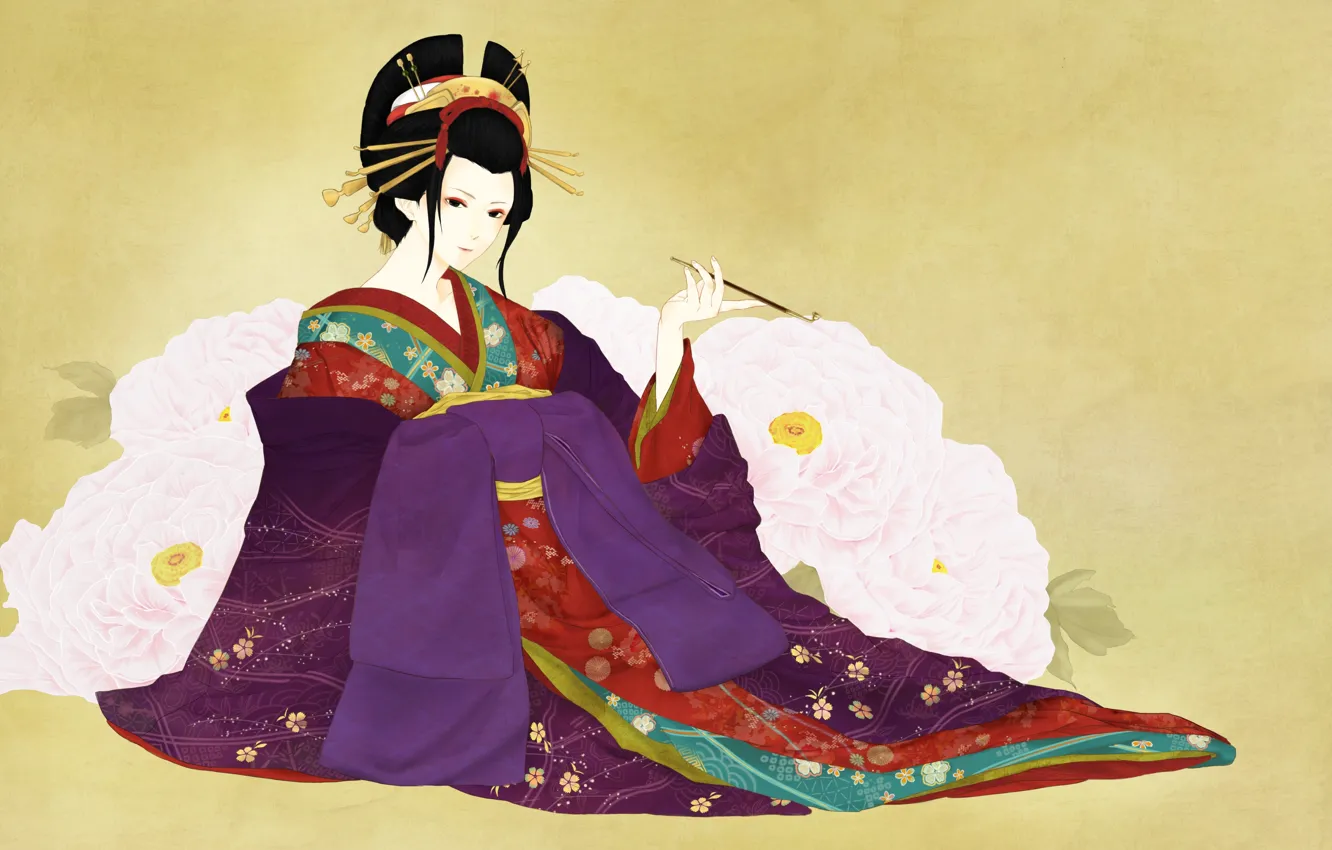Photo wallpaper girl, flowers, background, art, geisha, mouthpiece, kimono, peonies