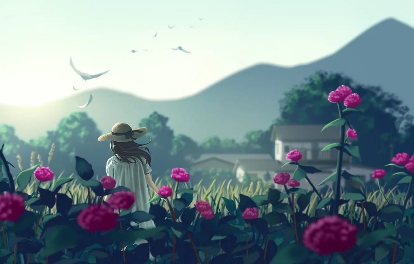 Photo wallpaper girl, flowers, mountains, birds, nature, hat, anime, art