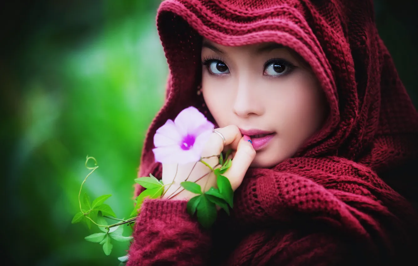 Photo wallpaper flower, look, girl, face, background, Asian