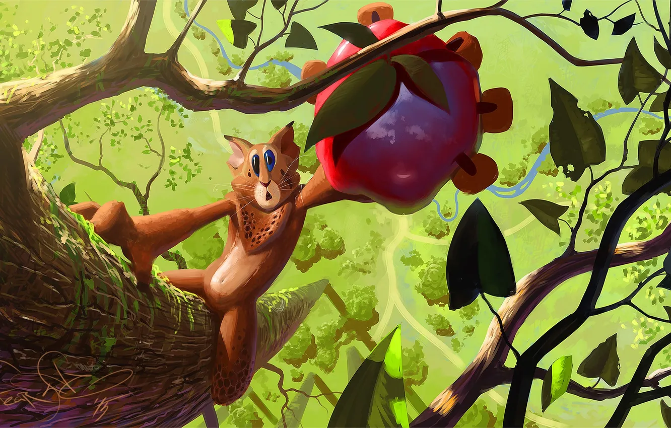 Photo wallpaper forest, cat, trees, branches, apples, art