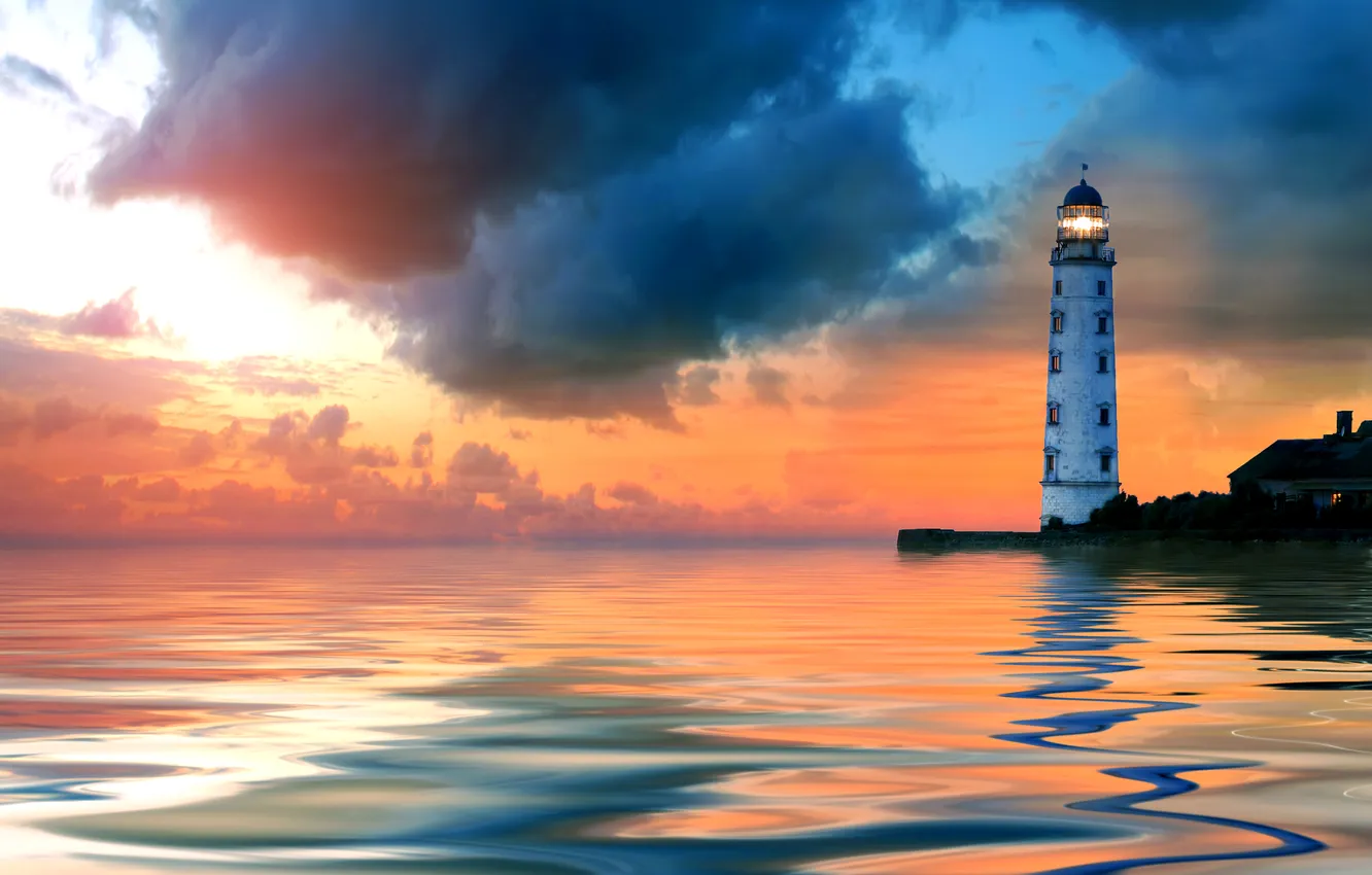 Photo wallpaper sea, the sky, clouds, sunset, coast, lighthouse, home