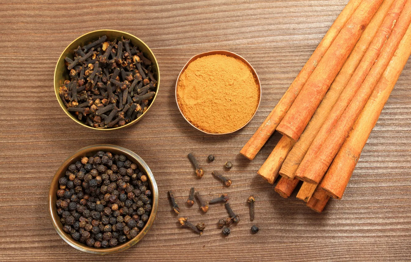 Photo wallpaper table, cinnamon, bowl, spices, clove, black pepper, curry
