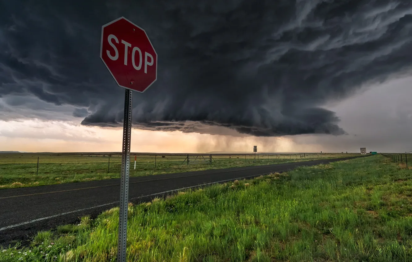 Photo wallpaper road, landscape, clouds, sign